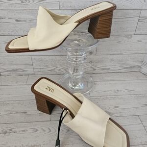 Zara Cream and Tan Leather Square Toe Sandals